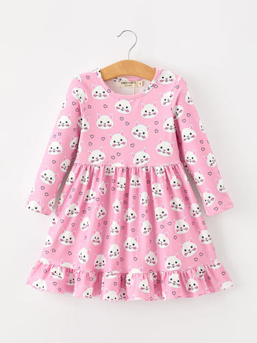 Fall Cat Print Girls Ruffle Hem Twirl Dress