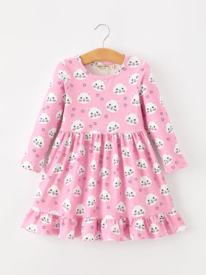 Fall Cat Print Girls Ruffle Hem Twirl Dress
