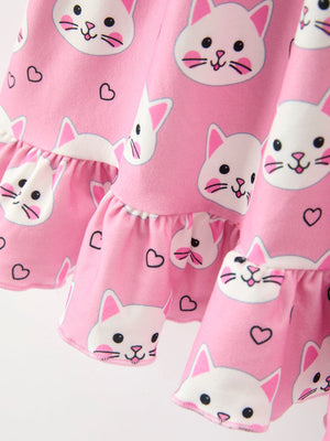 Fall Cat Print Girls Ruffle Hem Twirl Dress