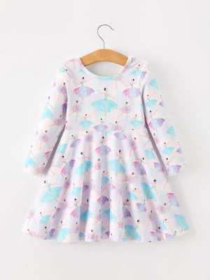 Fall Watercolor Ballet Girls Long Sleeve Twirl Dress