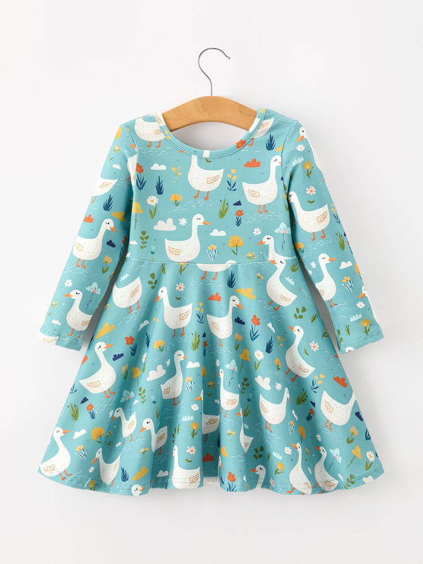 Fall Goose Print Girls Long Sleeve Twirl Dress