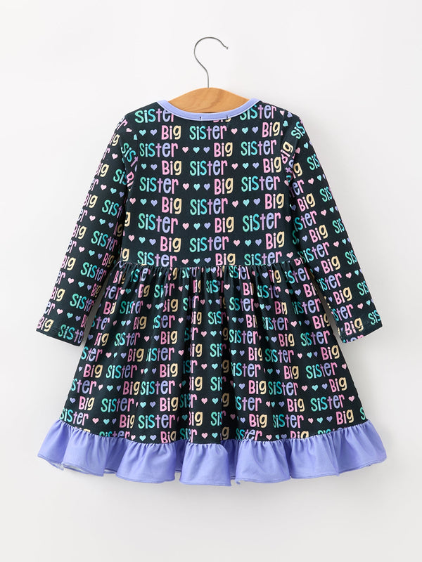 Big Sister Rainbow Letter Print Girls Ruffle Hem Dress