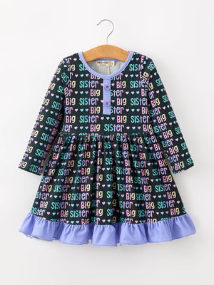 Big Sister Rainbow Letter Print Girls Ruffle Hem Dress
