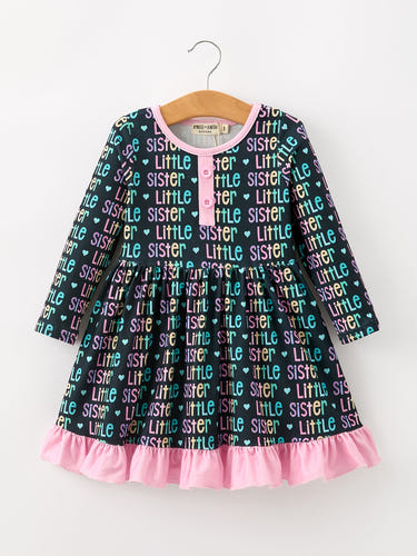 Little Sister Rainbow Letter Print Girls Ruffle Hem Dress