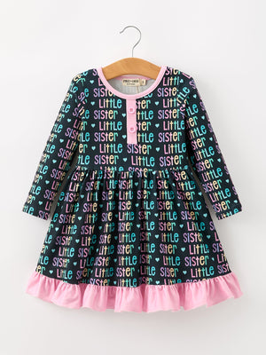 Little Sister Rainbow Letter Print Girls Ruffle Hem Dress