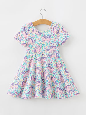 Unicorn Floral Print Girls Short Sleeve Twirl Dress
