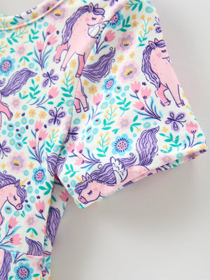Unicorn Floral Print Girls Short Sleeve Twirl Dress