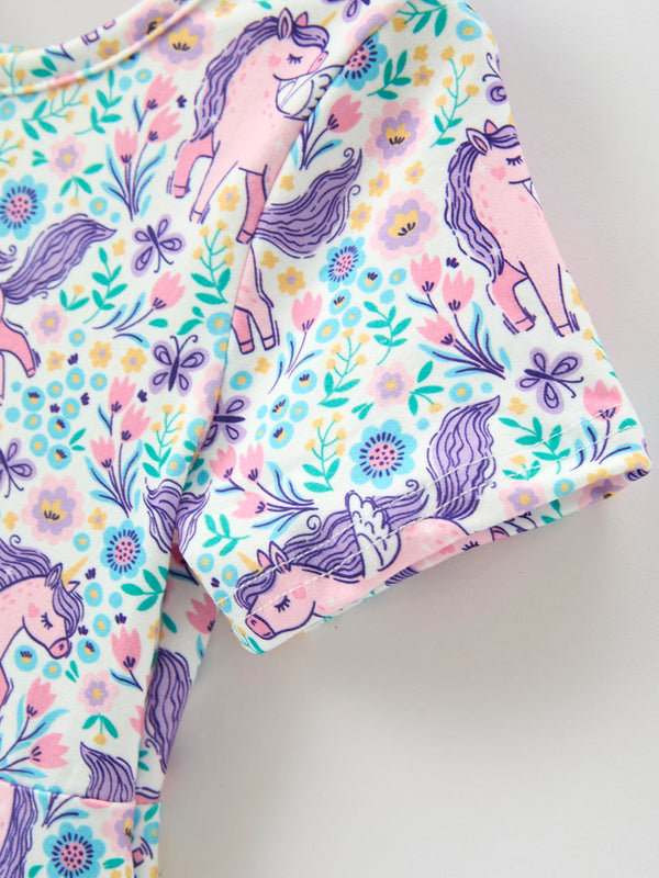 Unicorn Floral Print Girls Short Sleeve Twirl Dress