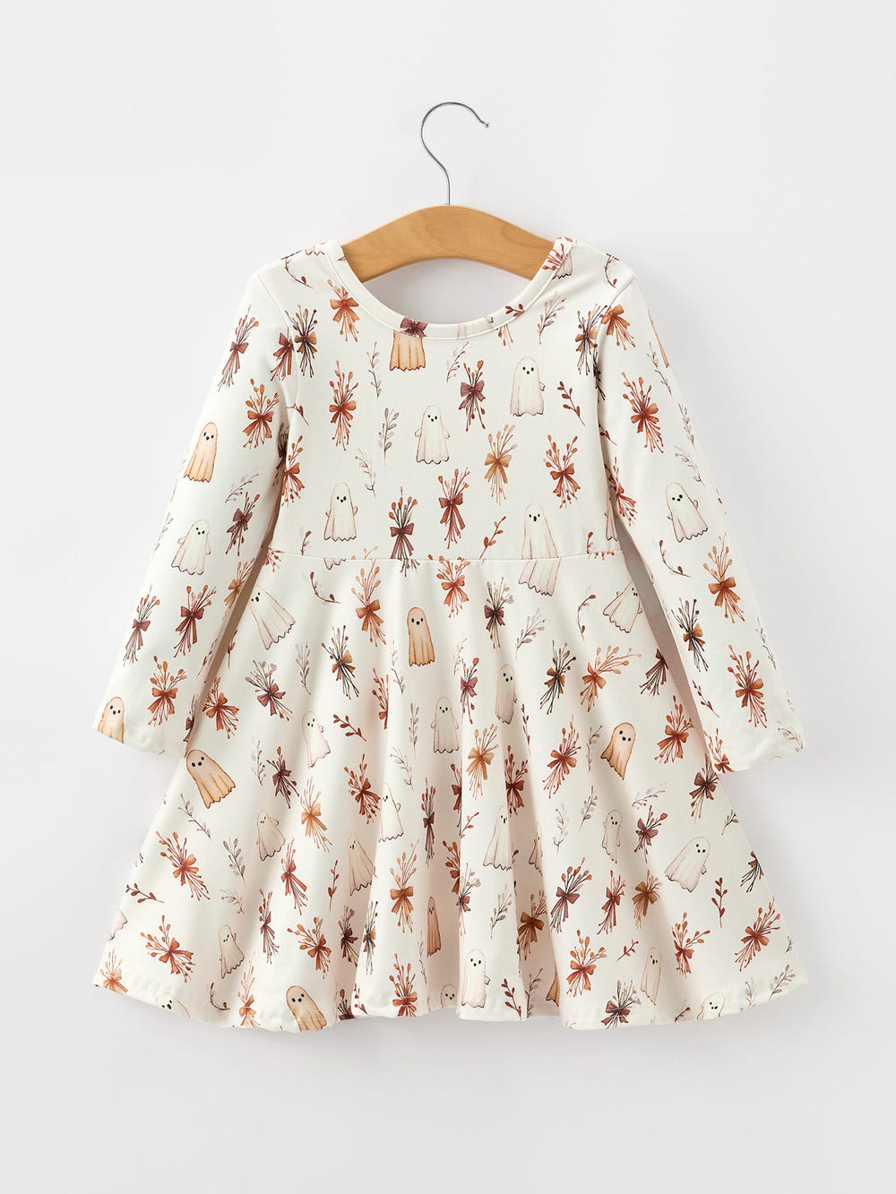Halloween Ghost Floral Bow Girls Long Sleeve Twirl Dress