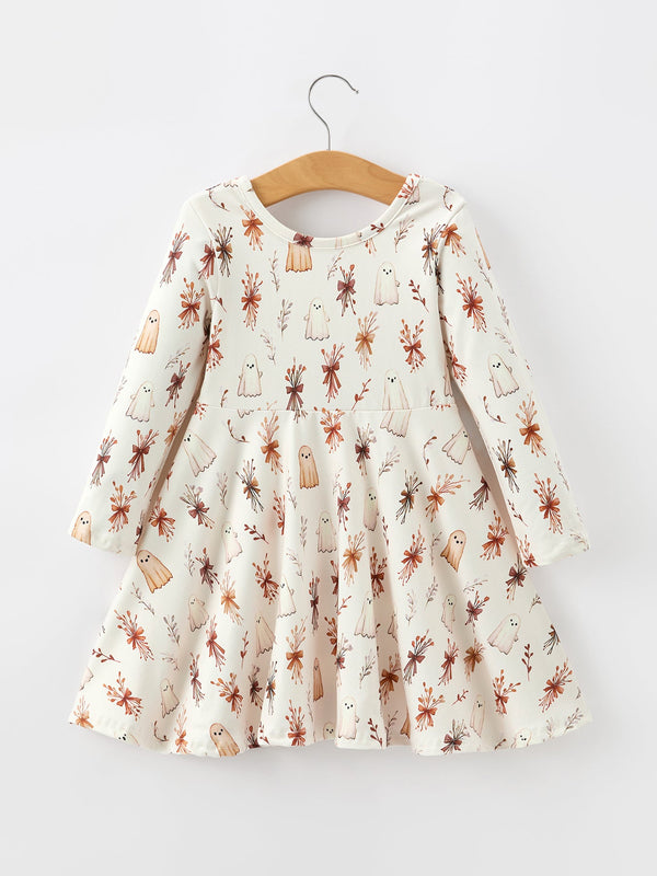 Halloween Ghost Floral Bow Girls Long Sleeve Twirl Dress