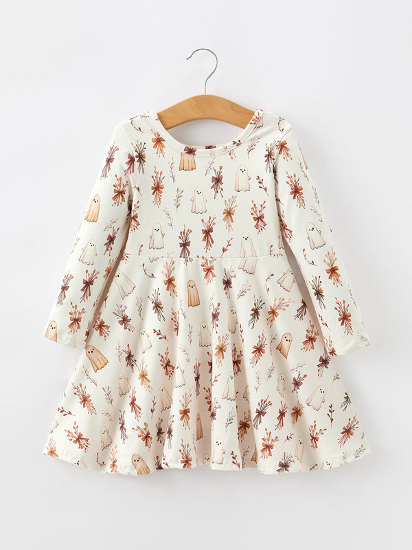Halloween Ghost Floral Bow Girls Long Sleeve Twirl Dress