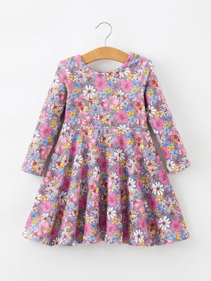 Fall Vintage Floral Print Girls Long Sleeve Twirl Dress