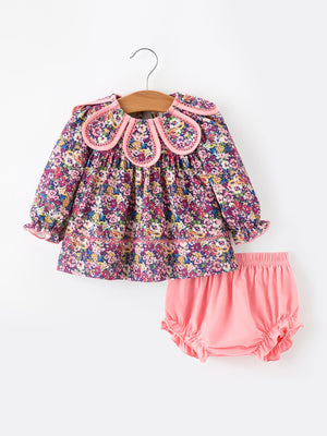 Pink Floral Petals Collar Girl Bloomer Set