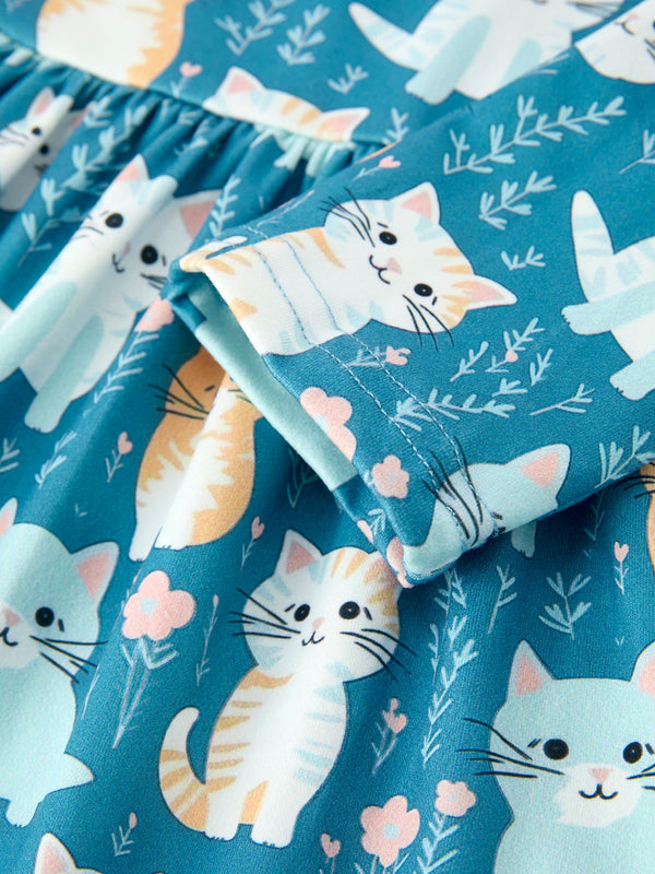 Fall Cat Print Girls Long Sleeve Ruffle Hem Dress