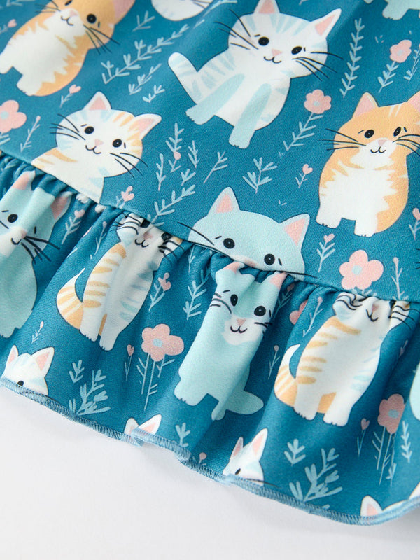 Fall Cat Print Girls Long Sleeve Ruffle Hem Dress
