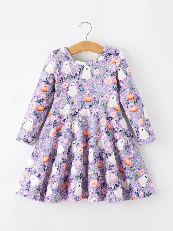 Halloween Ghost Pumpkin Girls Long Sleeve Twirl Dress