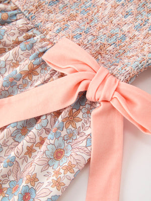 Fall Floral Girls Dress Smocked Ruffle Neck Bow