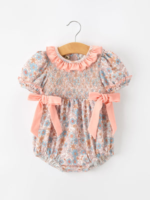 Fall Floral Baby Romper Smocked Ruffle Neck Bow