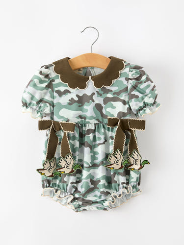 Fall Camo Bow Girls Ruffle Bubble Romper