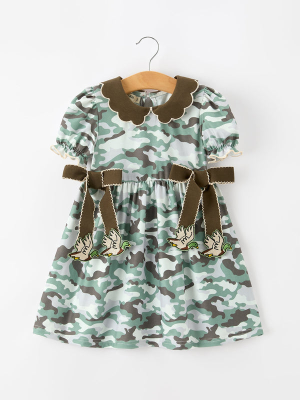 Fall Camo Bow Girls Puff Sleeve Twirl Dress