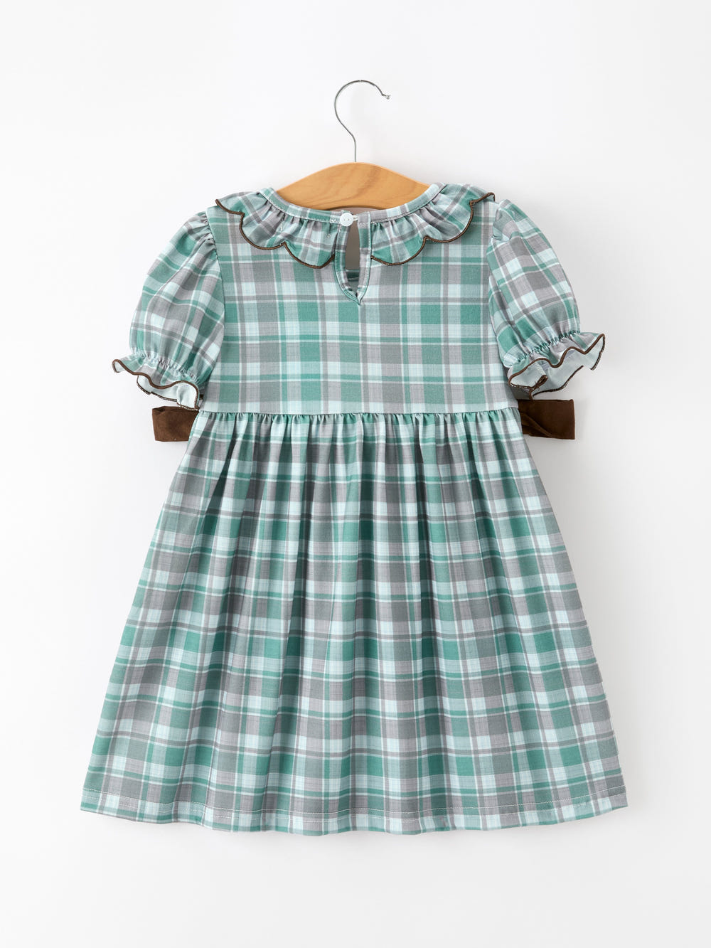 Plaid Moose Smocked Girls Puff Sleeve Dress