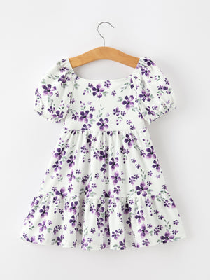 Fall Lavender Floral Puff Sleeve Girls Dress
