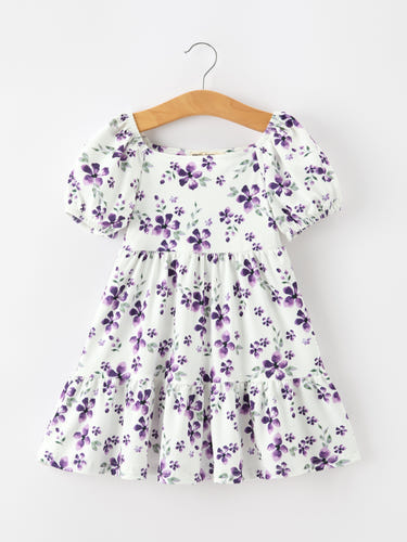 Fall Lavender Floral Puff Sleeve Girls Dress