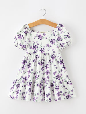 Fall Lavender Floral Puff Sleeve Girls Dress