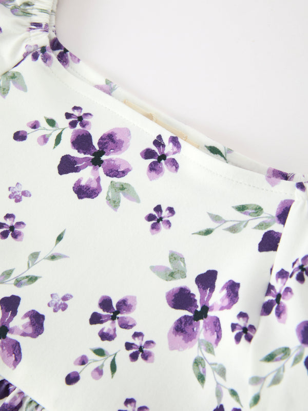 Fall Lavender Floral Puff Sleeve Girls Dress