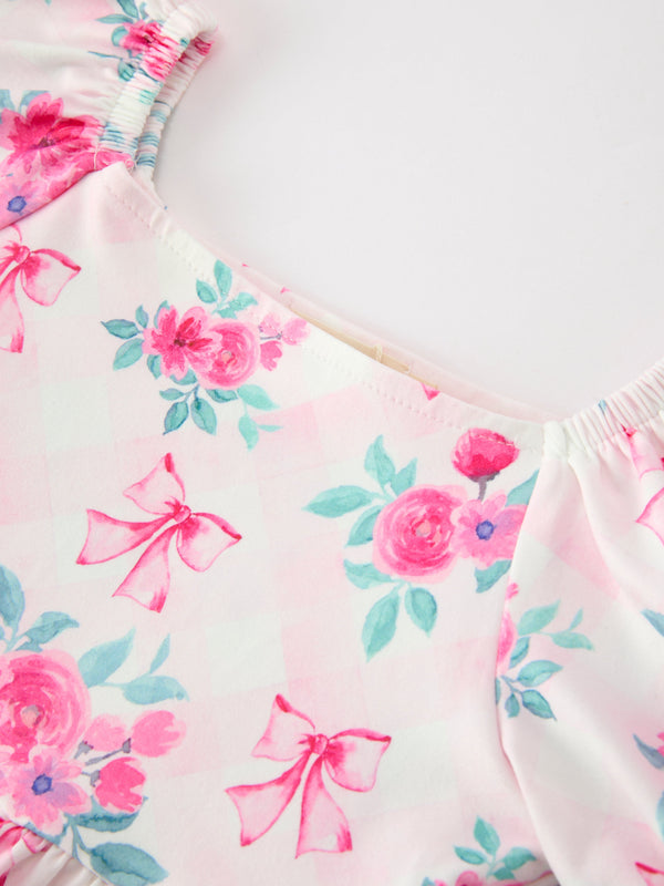 Fall Pink Floral Puff Sleeve Girls Dress