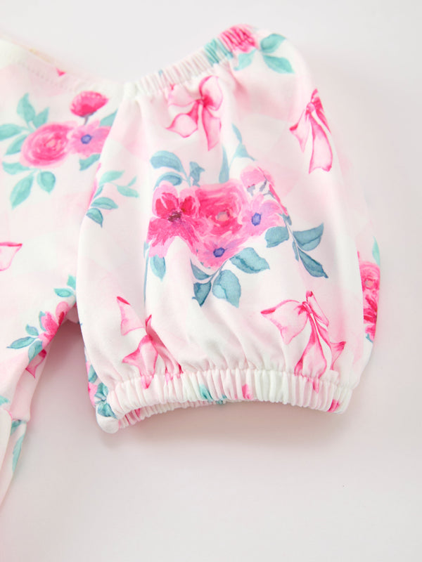 Fall Pink Floral Puff Sleeve Girls Dress