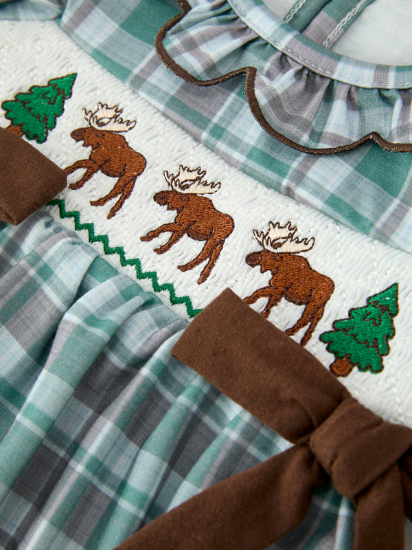 Plaid Moose Smocked Baby Girl Bubble Romper