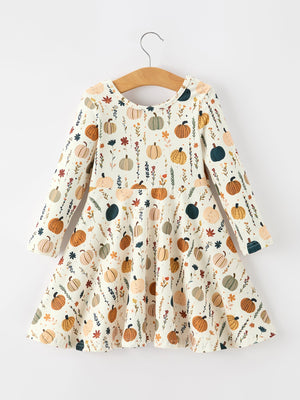 Fall Orange Pumpkin & Leaf Twirl Girls Dress