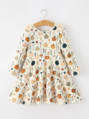 Fall Orange Pumpkin & Leaf Twirl Girls Dress