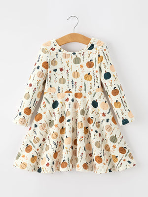 Fall Orange Pumpkin & Leaf Twirl Girls Dress