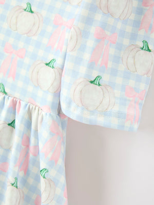 Fall Pumpkin Bow Plaid Girls Ruffle Hem Dress