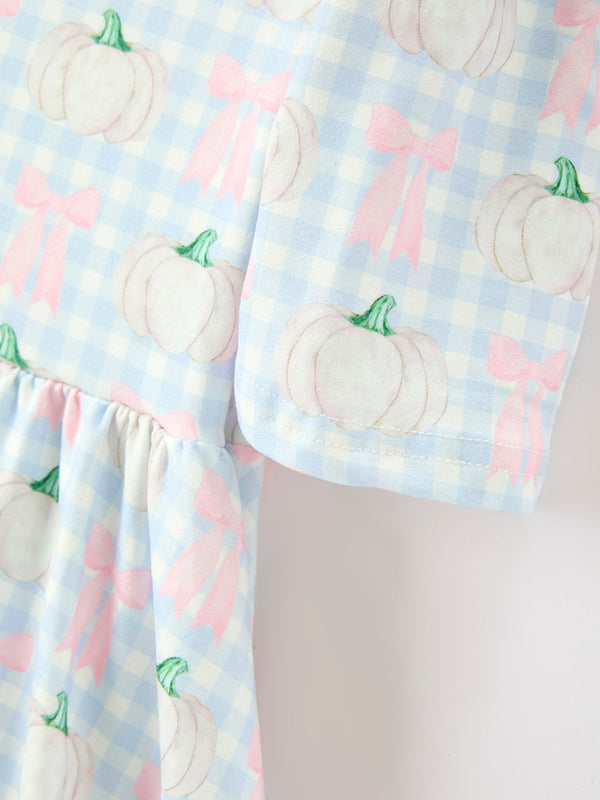 Fall Pumpkin Bow Plaid Girls Ruffle Hem Dress