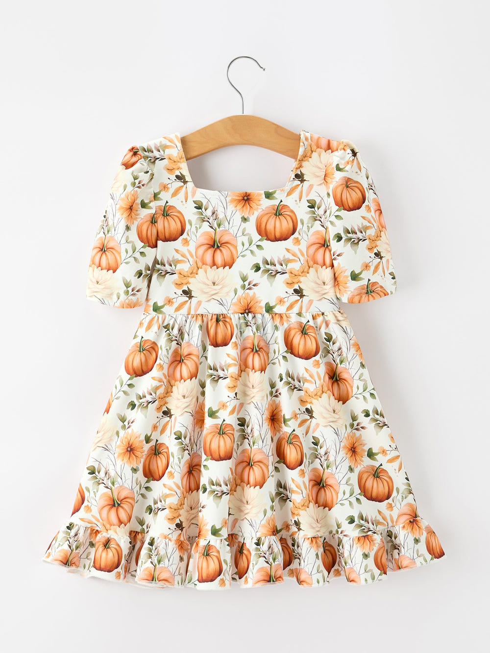 Fall Pumpkin Floral Girls Ruffle Hem Dress