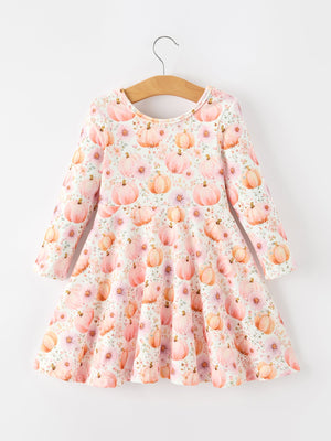 Fall Pink Pumpkin Girls Long Sleeve Twirl Dress