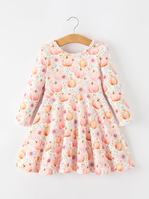 Fall Pink Pumpkin Girls Long Sleeve Twirl Dress