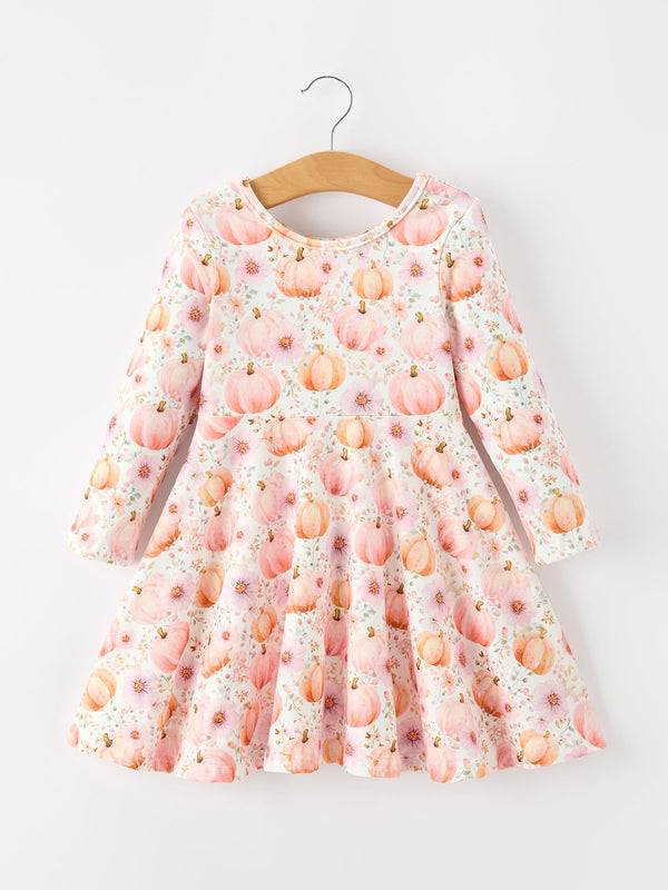 Fall Pink Pumpkin Girls Long Sleeve Twirl Dress