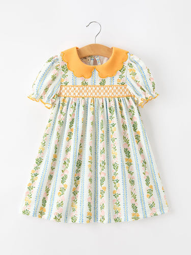 Fall Smocked Floral & Stripe Baby Girl Dress with Scallop Collar