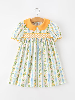 Fall Smocked Floral & Stripe Baby Girl Dress with Scallop Collar