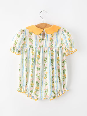 Fall Smocked Floral & Stripe Baby Girl Romper with Scallop Collar