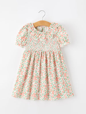 Fall Blush Floral Girls Dress Smocked Petal Collar