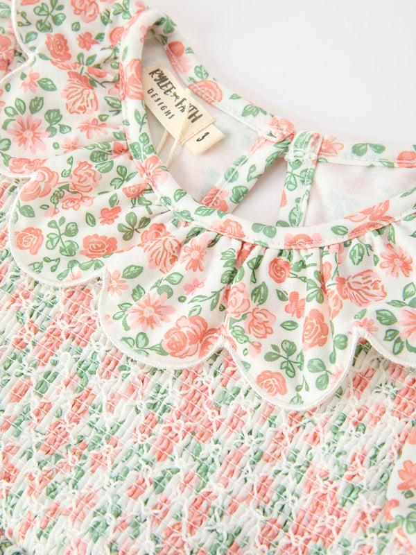 Fall Blush Floral Girls Dress Smocked Petal Collar