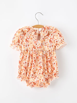 Fall Rust Floral Baby Romper Smocked Petal Collar
