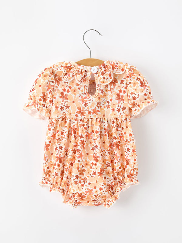 Fall Rust Floral Baby Romper Smocked Petal Collar