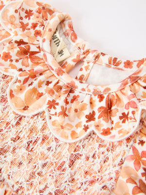 Fall Rust Floral Baby Romper Smocked Petal Collar