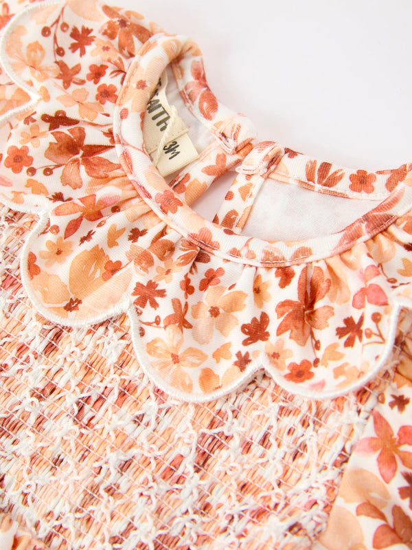 Fall Rust Floral Baby Romper Smocked Petal Collar